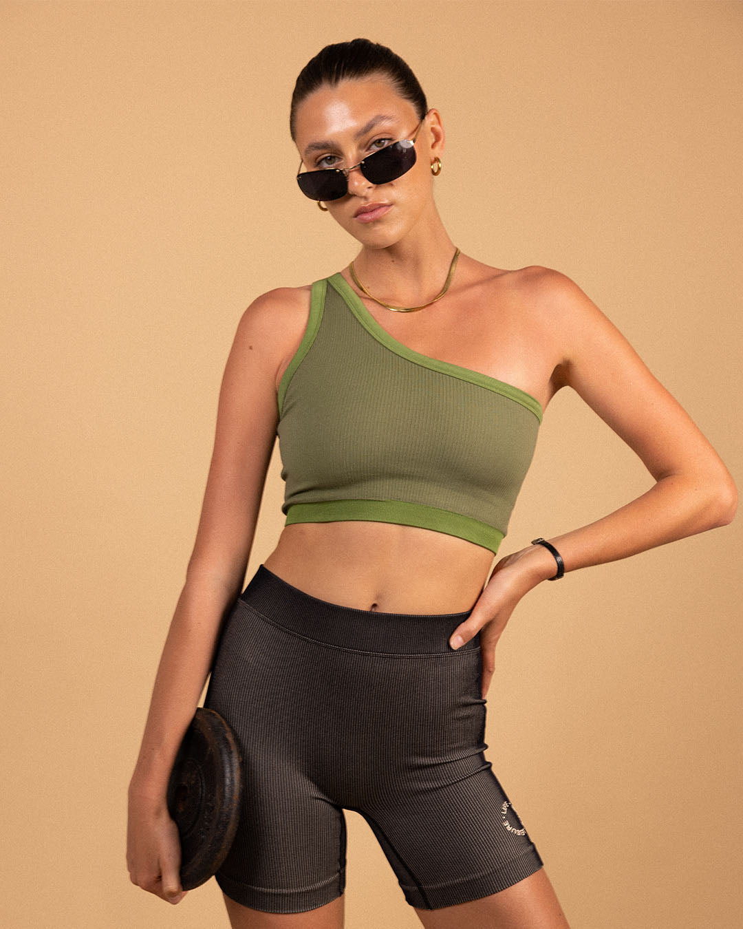 One Shoulder Bodice Crop - Green Moss Rib Activewear by Pinky &amp; Kamal - Prae Store