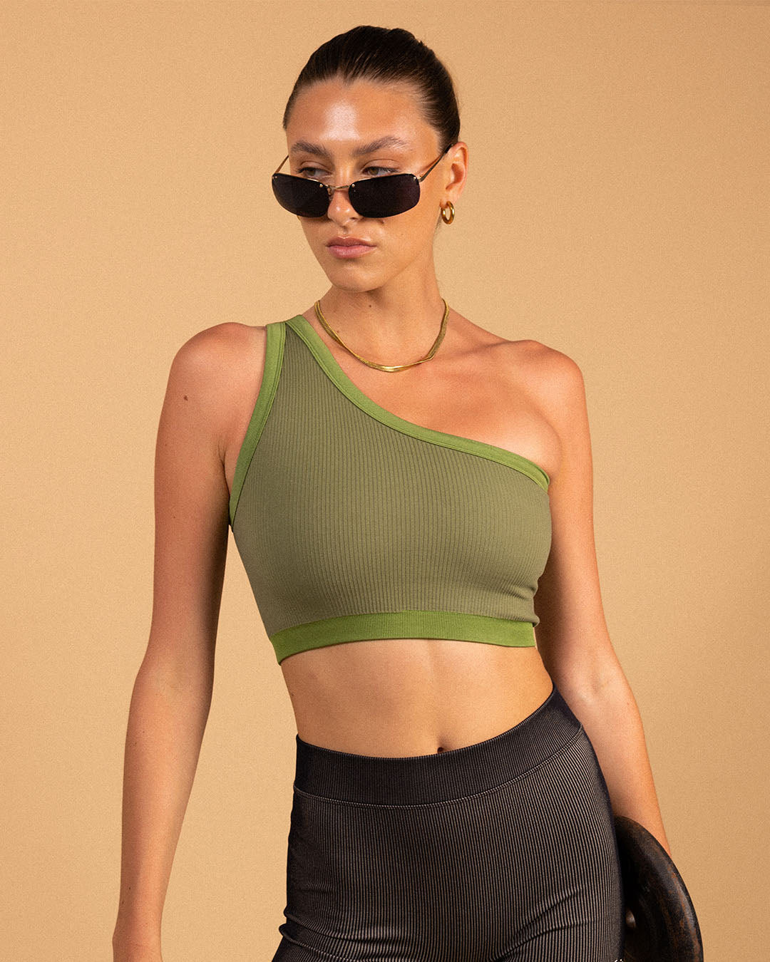 One Shoulder Bodice Crop - Green Moss Rib Activewear by Pinky &amp; Kamal - Prae Store